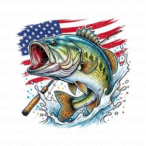 Patriotiskt abborrfiske PNG, largemouth abborrehoppning, amerikansk flagga 4 juli, sportfiskarsublimering, DTG DTF-nedladdning