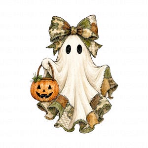 Spooky Camo Ghost PNG, Halloween-sublimatie, schattige patchwork Ghost clipart, Country Girl Halloween, Spooky Camouflage Bow ontwerp, herfst DTG