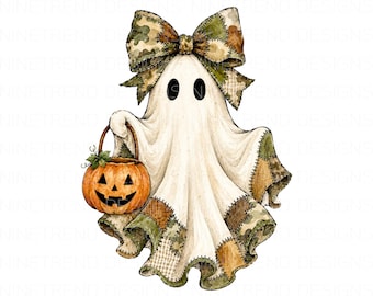 Spooky Camo Ghost PNG, Halloween-sublimatie, schattige patchwork Ghost clipart, Country Girl Halloween, Spooky Camouflage Bow ontwerp, herfst DTG