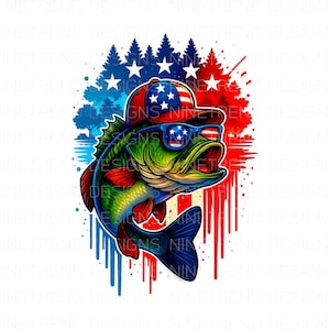 Fourth of July Bass Fish PNG: Patriotic Sublimation Design (Commercial Use)