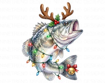 Kerstbaars vis png, rendiervis sublimatie, vakantie visverlichting clipart, grappige bas kerst png, buitenmens wintervis ontwerp