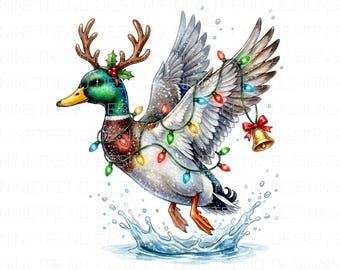 Christmas Duck PNG, Reindeer Mallard Sublimation, Holiday Duck Lights Clipart, Flying Mallard Christmas PNG, Outdoorsman Winter Duck Design