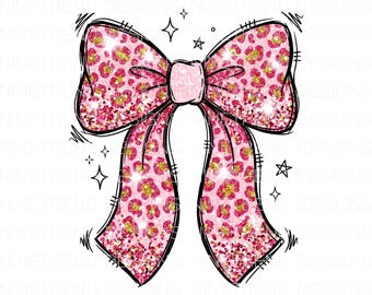 Valentine Pink Leopard Bow PNG, Glitter Coquette Sublimation, Cheetah Print Ribbon Clipart, Sparkle Valentine DTG Design, Retro Bow PNG
