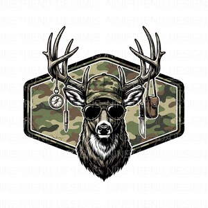May include: A graphic illustration of a deer wearing sunglasses and a camouflage hat. The deer is inside a camouflage-patterned hexagon. Accessories include a compass, a bullet, a knife, and a small pouch.