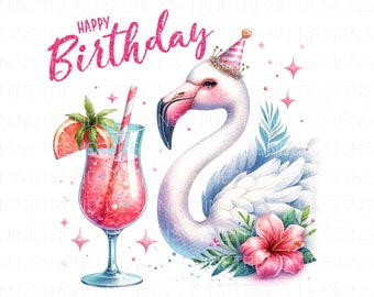 Birthday Flamingo Watercolor PNG: Tropical Drink Clipart (Digital Download)