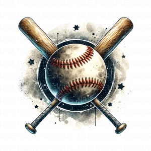 Könnte beinhalten: Ein Baseball mit roten Nähten ist in einer Aquarell-Illustration zentriert. Zwei hölzerne Baseballschläger sind hinter dem Ball gekreuzt und bilden ein 'X'. Der Hintergrund ist dunkelblau mit weißen Sternen.