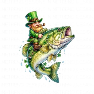 Może przedstawiać: Kapryśna ilustracja krasnala jadącego na dużej zielonej rybie. Krasnal ma na sobie zielony kapelusz i garnitur, trzymając fajkę. Ryba ma otwartą paszczę, z koniczynami i garnkiem złota, w tematyce Dnia Świętego Patryka.