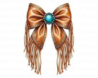 Western Leather Coquette Bow PNG, Turquoise Boho Bow Sublimation, Cowboy Fringe Bow Clipart, Southern Belle Png, Country Chic DTG Shirt Png