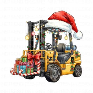May include: A yellow forklift decorated for Christmas with a Santa hat, string lights, and ornaments. The forklift carries wrapped gifts, a red bow, and candy canes. Festive holiday design.