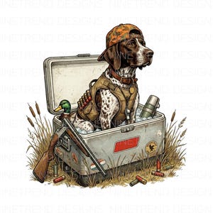 Puede incluir: Ilustración de un perro de caza con gorra y chaleco de camuflaje, sentado en una nevera. También hay una escopeta, un señuelo de pato y munición, lo que sugiere un tema de caza. La nevera tiene el texto "NINE TREND DESIGNS".