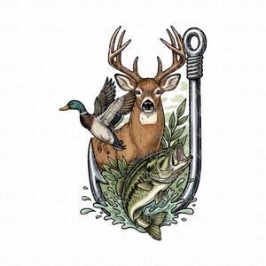 Può includere: Illustrazione digitale con un cervo, un'anatra e un pesce all'interno di un grande amo da pesca. Il cervo ha grandi corna, l'anatra è in volo e il pesce salta fuori dall'acqua. Il design ha un tema di caccia e pesca.