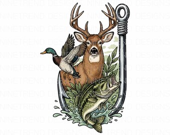 Hunting Fishing PNG, Deer Duck Bass Sublimation, Whitetail Buck Mallard Fish Hook, Outdoorsman DTF, Mens Hunter Gift Shirt Design