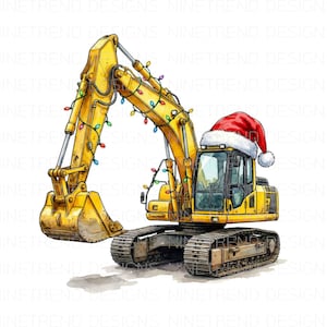 Puede incluir: Una excavadora amarilla con un gorro de Papá Noel y luces de cadena. El vehículo de construcción tiene un gran cucharón y orugas. La imagen es una ilustración de acuarela con el texto "NINETREND DESIGNS" repetido en el fondo.