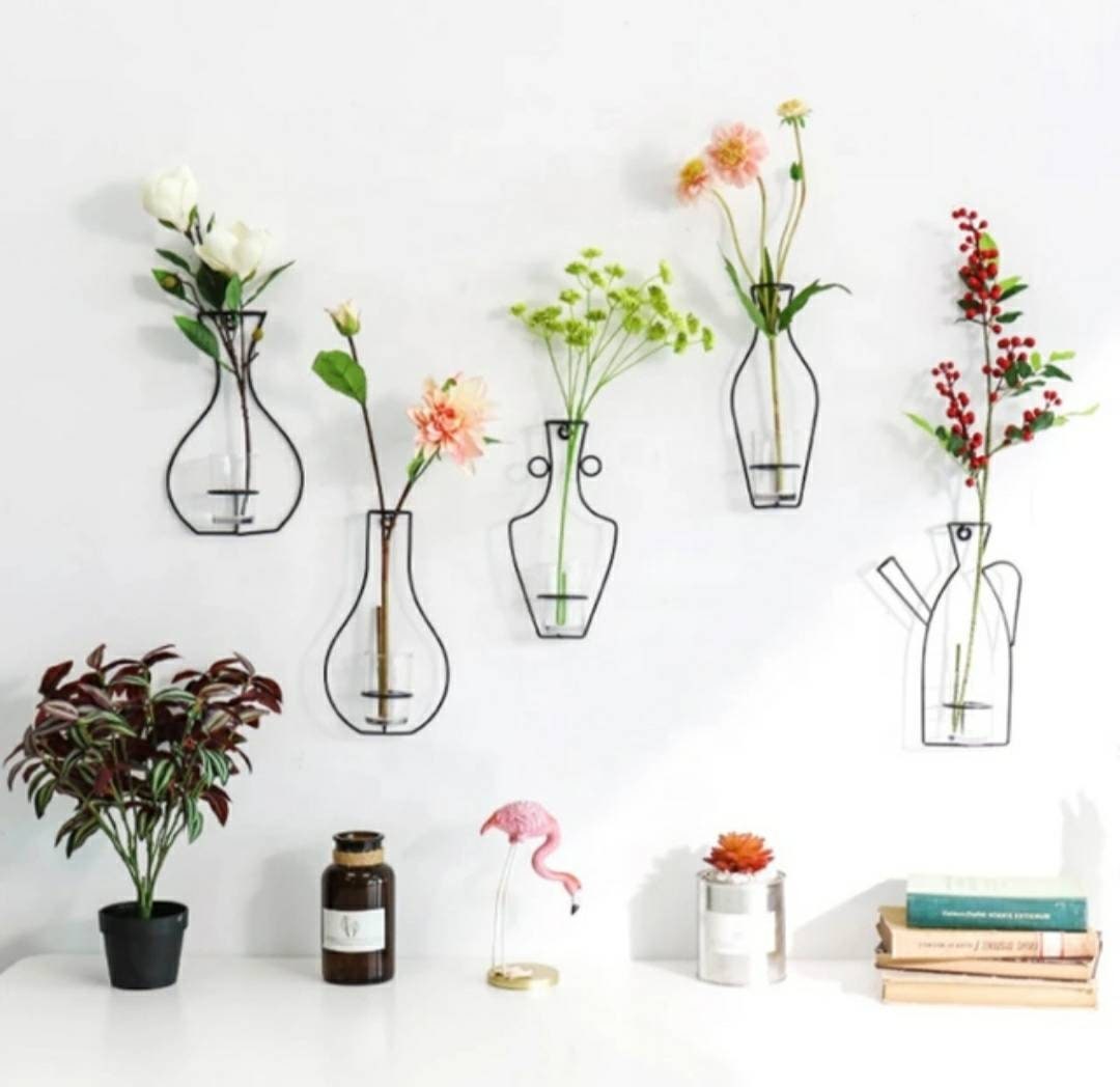 Nordic Style Black Iron Metal Wall Vases, Glass Vase Included.  Decor…