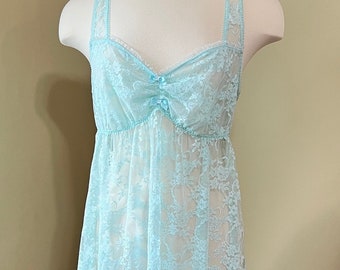 Y2K Aqua Floral Lacy Mesh Sz 2X Chemise Nightie Gift for Her