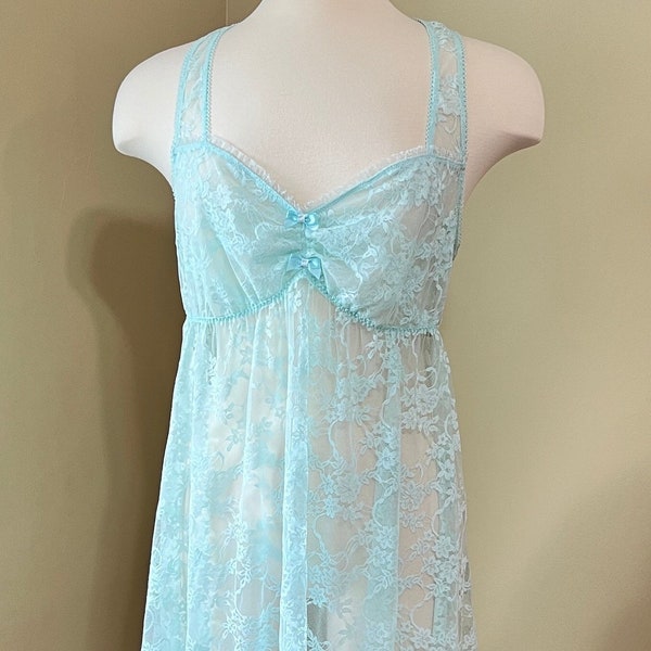 Y2K Aqua Floral Lacy Mesh Sz 2X Chemise Nightie Gift for Her