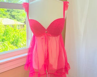 Y2K Victoria’s Secret Hot Pink Sz 36D Padded Underwire Babydoll  Open Front Lingerie