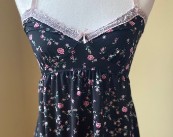 Laura Ashley Cami- Sz L- Black Pink Cabbage Rose w Lace Trim Nightshirt/ Top/ Gift for Her