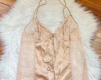 Victoria’s Secret Silk-Nylon Camisole Size S Pastel Pink w Polka Dot Mesh • Y2K Babydoll Cami Top - Gift for Her