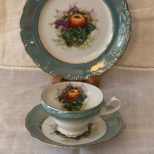 Tea Cup Set • 3 Pc Blue Lusterware L & M Halsey w Fruit Motif • Very Fine China • Made in Japan 1940&#39;s