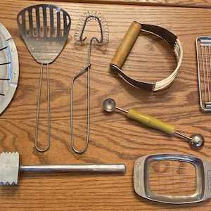 Primitive Kitchen Utensils Tools Farmhouse Ekco Dough Blender, Strainers, Pounder, Wisker Melon Baller French Fry Cutter Vintage Your Choice