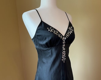 Y2K Black Washed Silk Camisole Size S w Silver Sequins • Side Zip Express Cami Top- Gift for Her