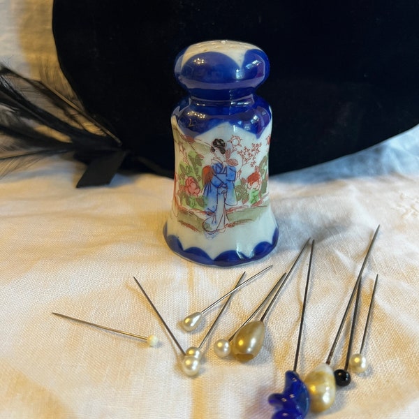 Blue-White Porcelain Geisha Hatpin Holder w 10 Hatpins - Colorful Vintage Hand Painted Vanity Decor - Shaker