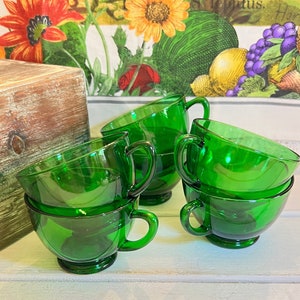 Vintage 60’s Emerald Green Set of 2 Tea Cups • Anchor Hocking Punch Cups • MCM Kitchen