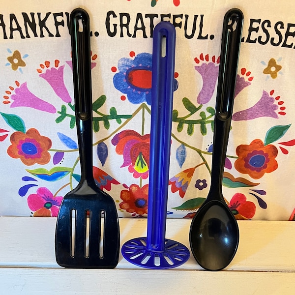 MCM Tupperware Kitchen Utensils • Vintage Black Spatula and Spoon, Blue Potato Masher - Sold Separately