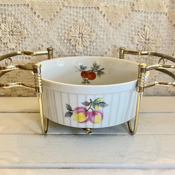 Vintage Andrea by Sadek Soufflé Dish 7333 • 7.5” Oven to Table w Expandable Metal Casserole Holder Trivet