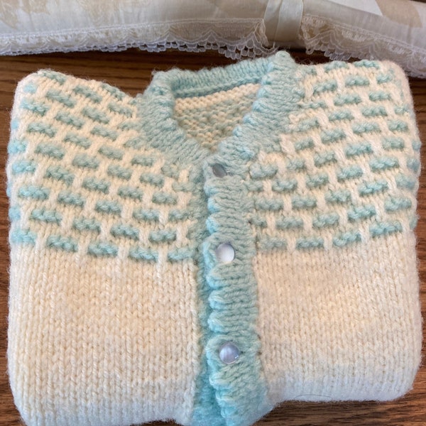 Vintage Hand Knit Infant Cardigan Sweater-Chest 10" - New Wool 3 Pearl Button at Front, Soft, Warm Jumper,  Long Sleeves - Special Gift Idea