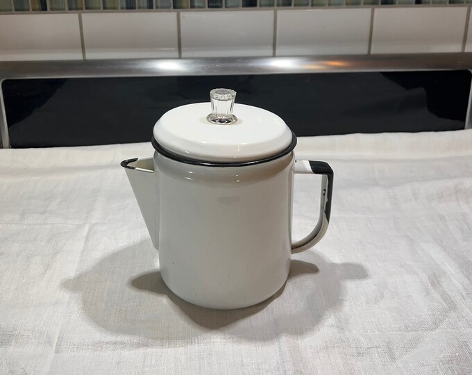 Vintage White Enamelware Coffee Pot With Black Trim and Glass Knob 40s