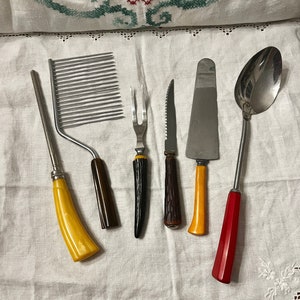 30's Bakelite Handled Serving Utensils • MCM Englishtown Spoon -Pie Server -Knife Sharpener -Angel Food Cake Cutter - Faux Bone Fork & Knife