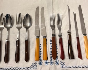 Vintage Flatware w Bakelite Handles • Various Art Deco Knives, Forks, & Serving Spoons • Vintage Stainless Tableware