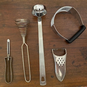 Vintage Kitchen Gadgets/Williams Sonoma Crepe Ladle, Ekco Dough Blender and Peeler, Wire Whisk, 50’s Peeler-Grater/ Sold Individually