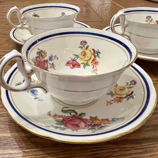 Bone China Tea Set • Vintage 40s Aynsley 'Claridge' Floral China  Cups & Saucers Made in England.