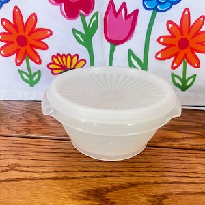 May include: A clear plastic container with a lid. The container has a round shape and a smooth surface. The lid has a textured surface with a radial pattern.