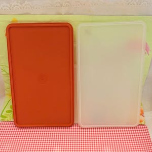 May include: Two rectangular food storage containers. One is a solid orange color, and the other is translucent. Both have a slightly raised edge and a circular design in the center. The containers are on a red and white checkered surface.