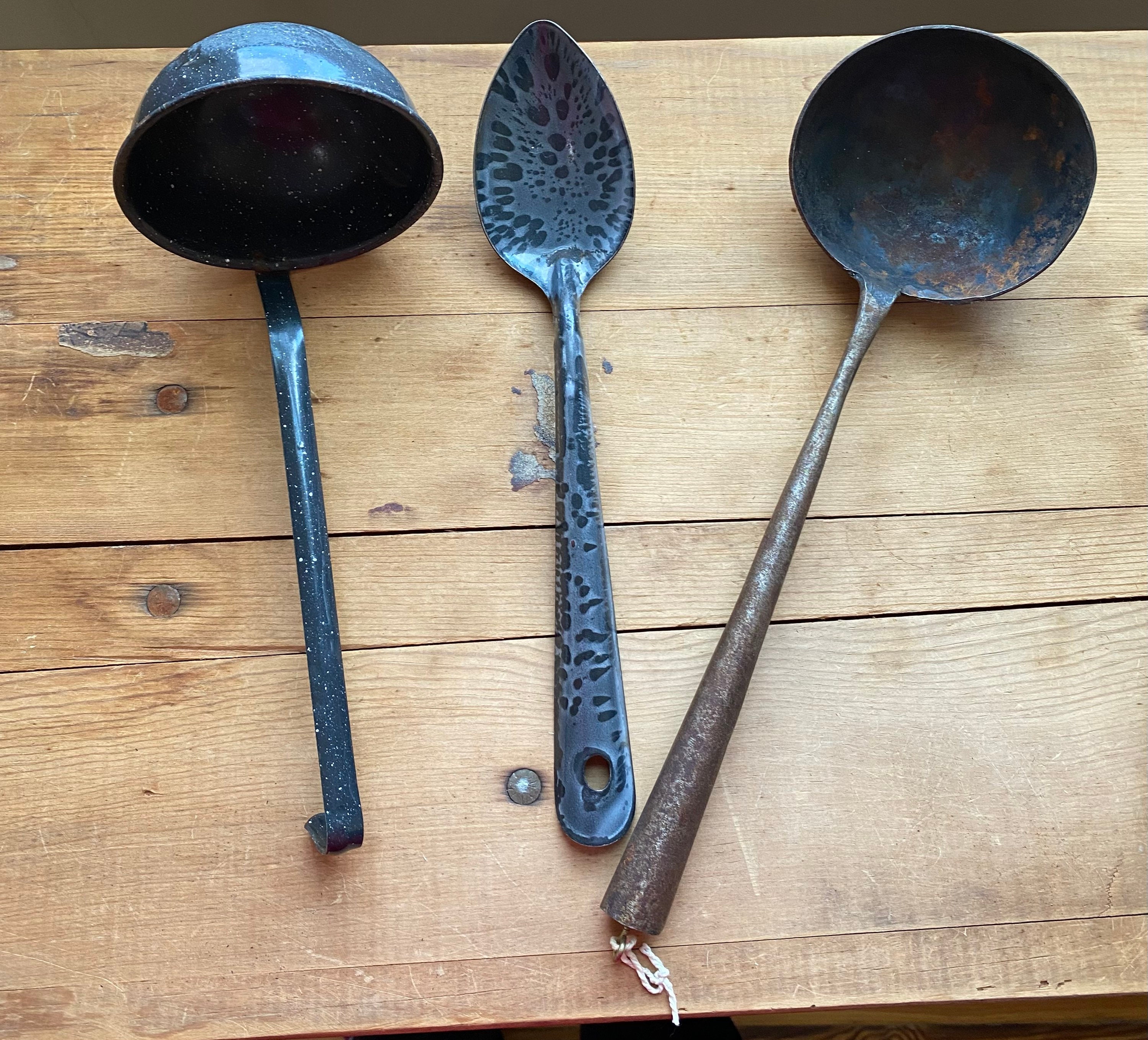Vintage Cast Iron Utensil Set Fork, Spoon, Ladle And Strainer