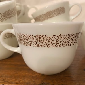 Pyrex Set of 4 -Woodland Cups/Pyrex Corning Milk Glass 8 oz Mugs/Teacups with Brown Flower Detail