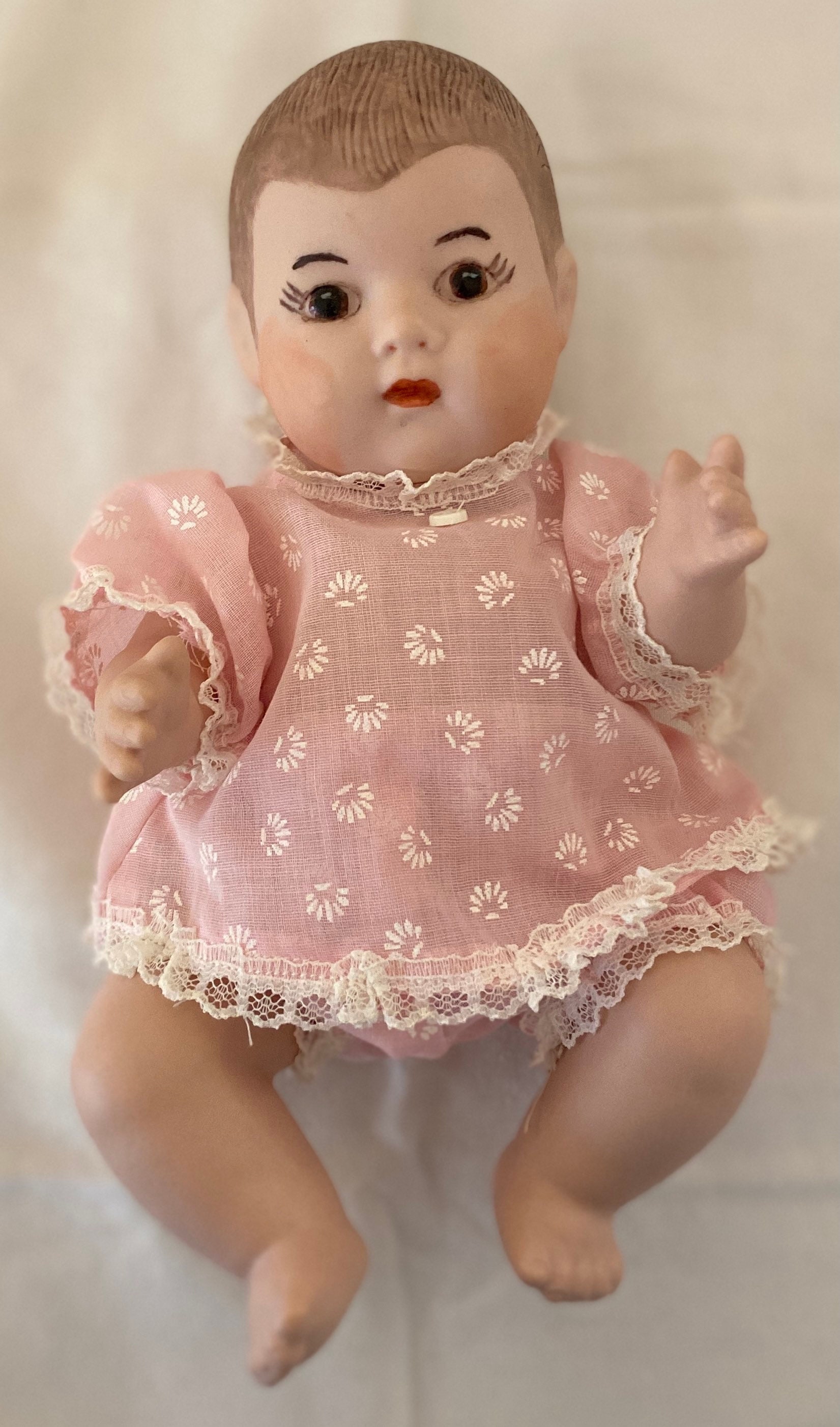 Vintage Porcelain Baby Doll Handpainted Pink Outfit by JH, 9
