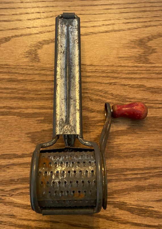 Vintage Mouli Hand Crank Metal Cheese Grater Red Wood Handle Made in France