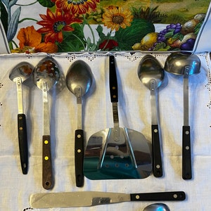 MCM Stainless Utensils w Brass Pins • Ekco Forge, Flint, Robinson: Wide Flipper Spatula, Ladle, Spreader, Strainer Spoon, Solid Spoons
