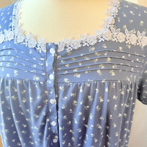 May include: A light blue nightgown with a floral pattern and white lace trim. The short-sleeved sleepwear features a button-up front and pleated bodice. The neckline is adorned with delicate white lace.