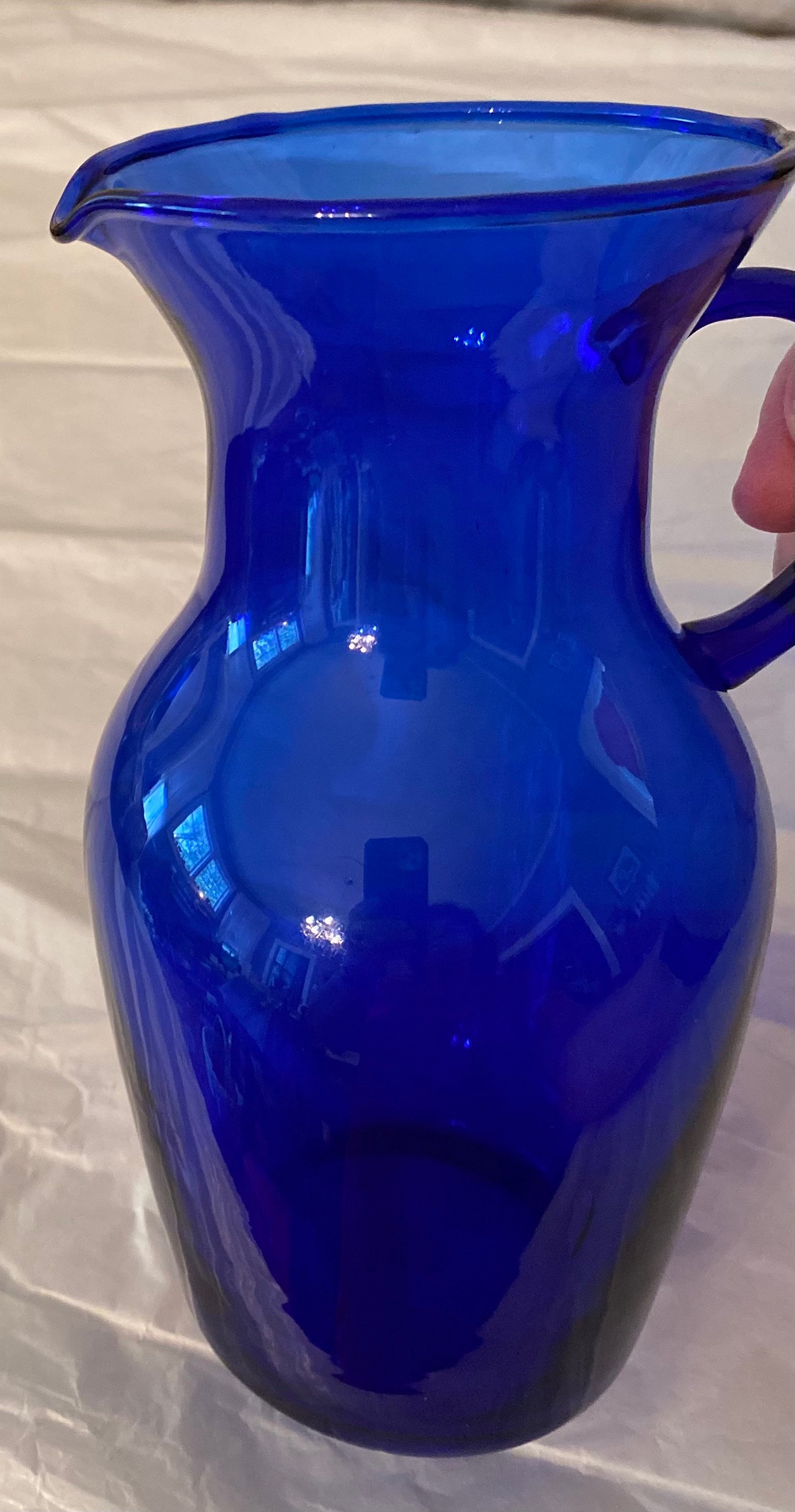 Vintage Cobalt Blue Glass Pitcher Vase W Applied Handle 7 5t Etsy