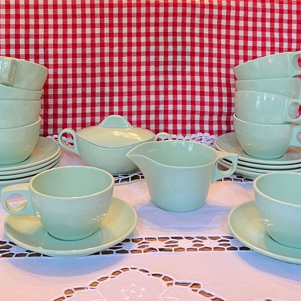 Melamine Mint Green Creamer & Sugar Bowl Set • Cups and Saucers • Vintage Art Deco Melmac • Made USA