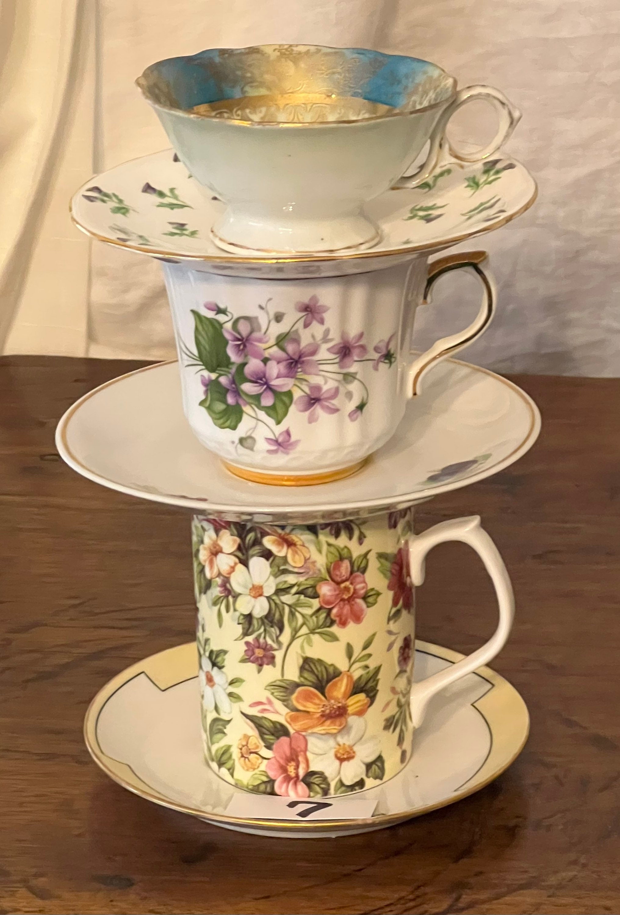 3 Sets Mismatched Tea Cups & Saucers W Imperfections