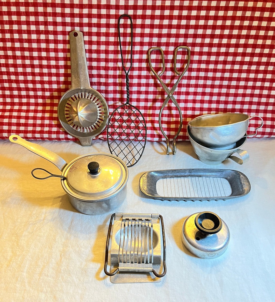 Vintage Metal Kitchen Gadgets and Utensils: Egg Poacher, Coiled Spoon, Butter Cutter, Egg Slicer ...