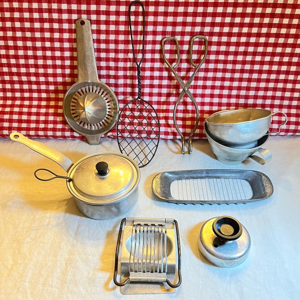 Vintage Metal Kitchen Gadgets and Utensils: Egg Poacher, Coiled Spoon, Butter Cutter, Egg Slicer, Tongs, Biscuit Cutter, Lemon Squeezer