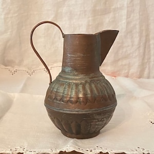 60’s Copper Tin Pitcher stamped ‘United Arab Republic 126E’ on Bottom  / 5.75” tall Lovely Patina Copper Washed Unusual HTF Item Gift Idea